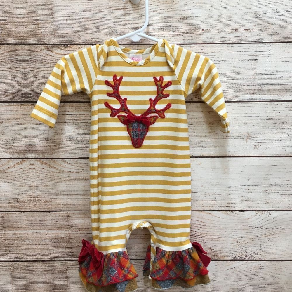 ‎RICRAC AND RUFFLES ROMPER WITH APPLIQUED DEER HEAD